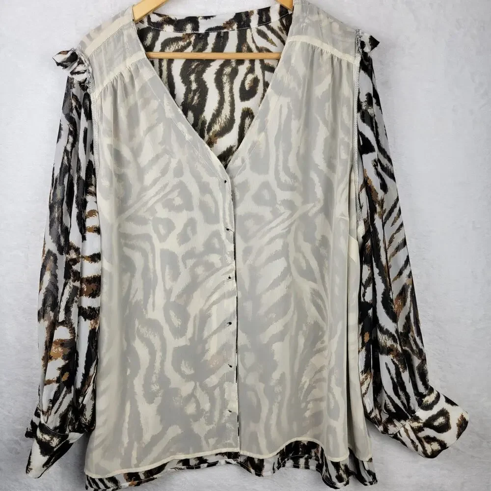 2X Blouse VNeck Animal Button Up Flowy Sheer Long Sleeve Tunic Top Office Career - Picture 6 of 12